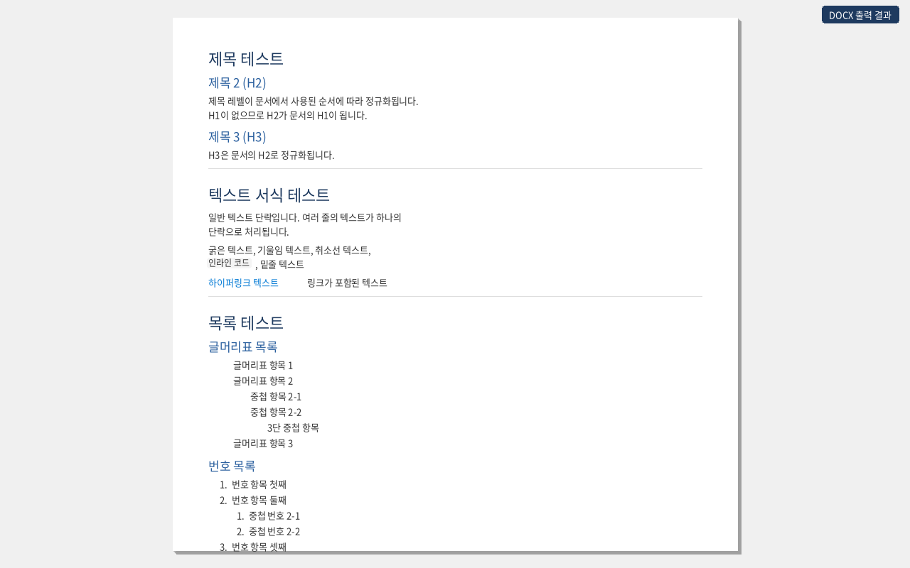 DOCX 출력 결과의 본문 - 제목과 목록